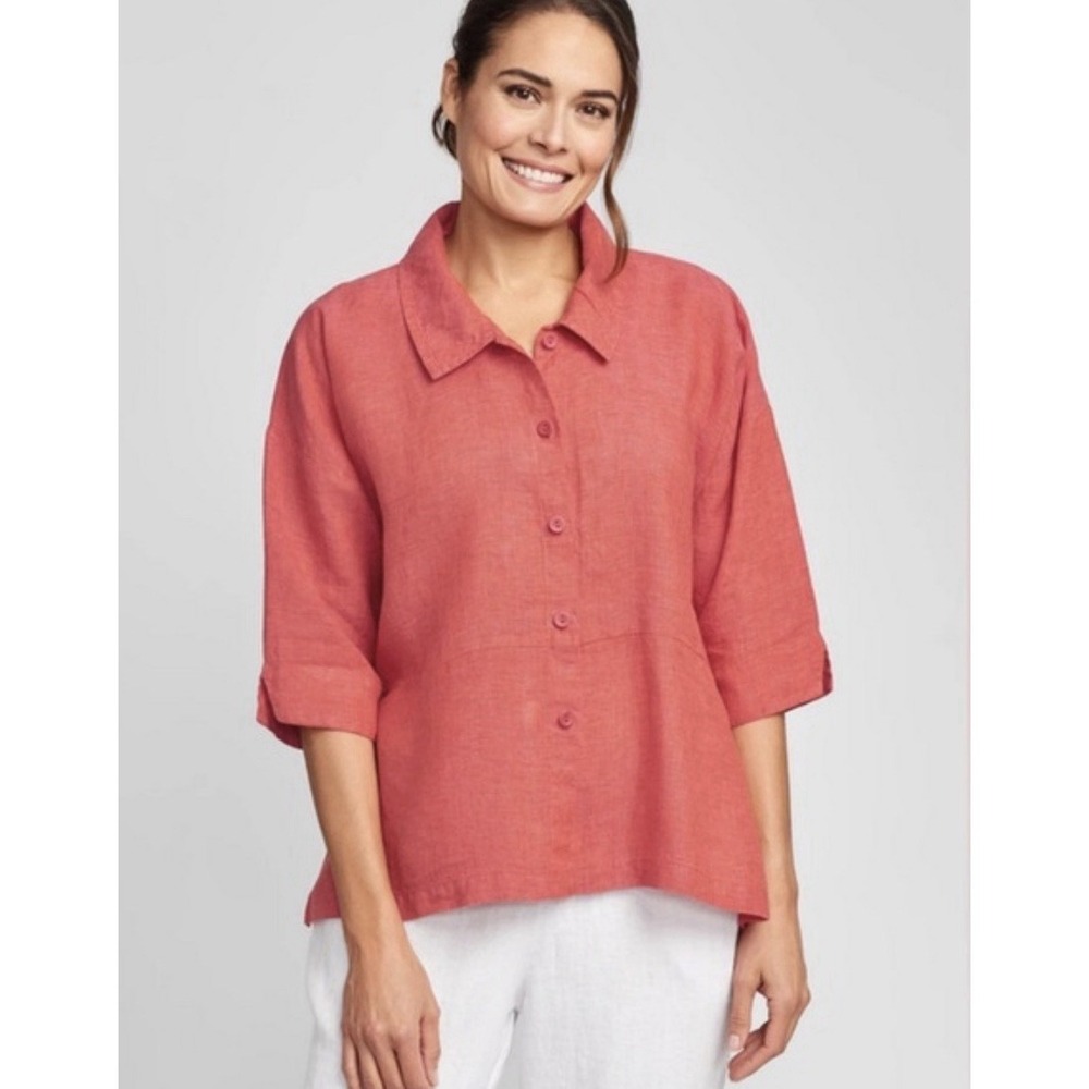 FLAX LINEN Artful Oversized M Coral Stripes Button Up Lagenlook Boho Beach Artsy